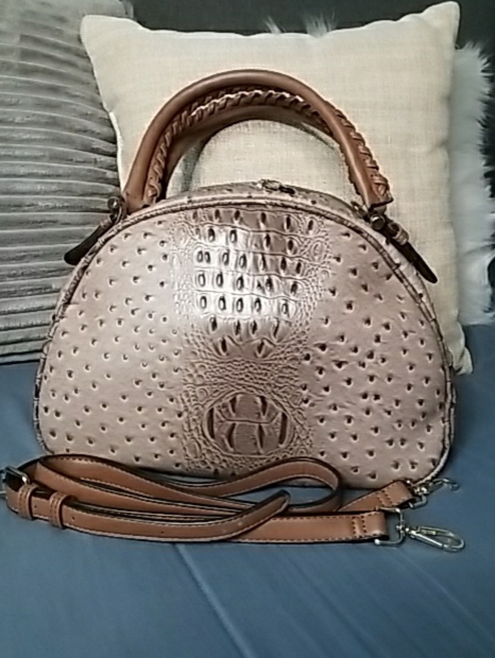 Structured Faux-Ostrich Dome Satchel Large